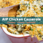 Scooping a wooden spoon into cheesy dairy-free AIP Chicken Casserole with spinach, baked and bubbly in a red casserole dish, topped with crunchy pork panko.