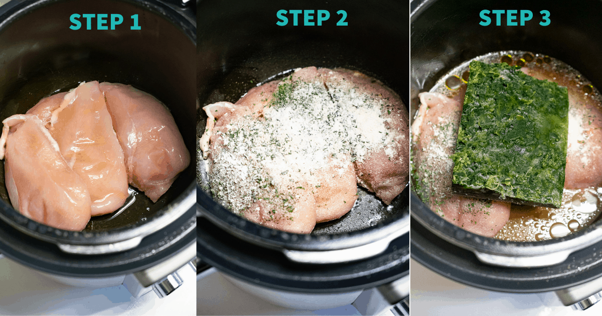 steps 1-3 of aip chicken casserole 
1- putting chicken in pressure cooker
2-seasonings over chicken 
3- spinach, cheese, bone broth and vinegar added in 