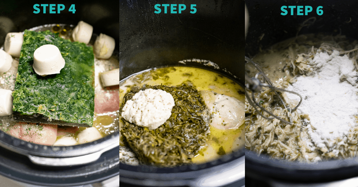 steps 4-6 of aip chicken casserole
4- cheese added to pressure cooker
5-opened pressure cooker with cheese beginning to melt and spinach beginning to thaw
6-hand shredder in pressure cooker and arrowroot added in 