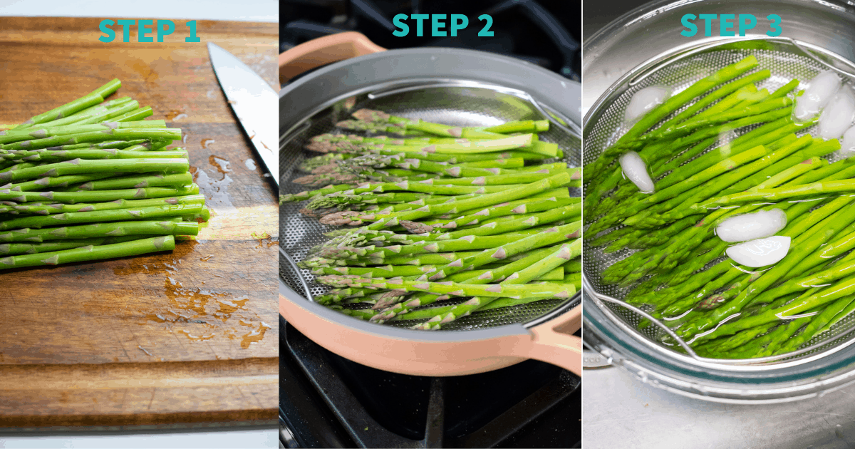steps 1-3 asparagus salad
1- asparagus on chopping board to cut ends off
2- asparagus set up to be steamed 
3- asparagus in ice bath