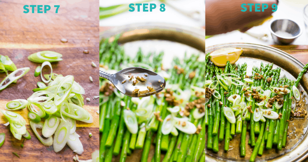 making aip salad steps 7 -9
7- chopped green onion on cutting board
8- close up of fried garlic and oil in spoon ready to be poured over salad served in background 
9- aip asparagus salad ready to eat, garnished with fried garlic and green onion and a lemon wedge on side 