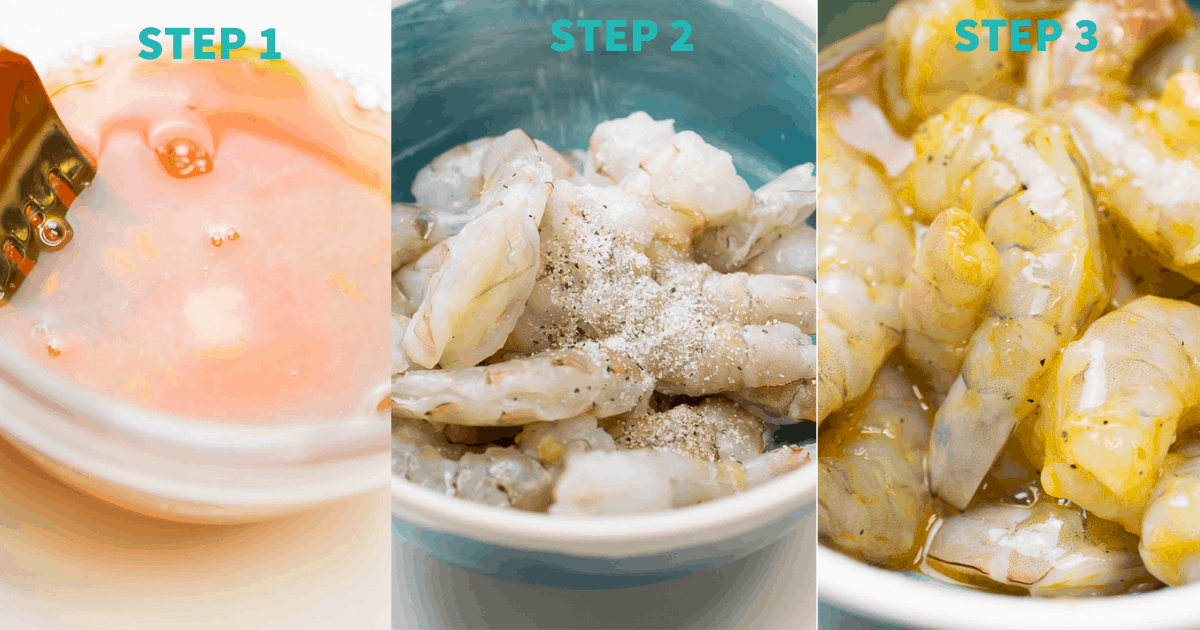 making coconut shrimp steps 1-3
1- egg being whisked in vinegar 
2- shrimp in bowl being seasoned with salt and pepper
3- shrimp in bowl marinating in seasoning and egg wash