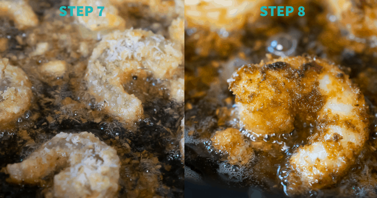 paleo coconut shrimp steps 7 and 8
7- close up of shrimp in hot frying pan, still pale
8- close up of a single shrimp cooked to right spot, golden brown and glistening 