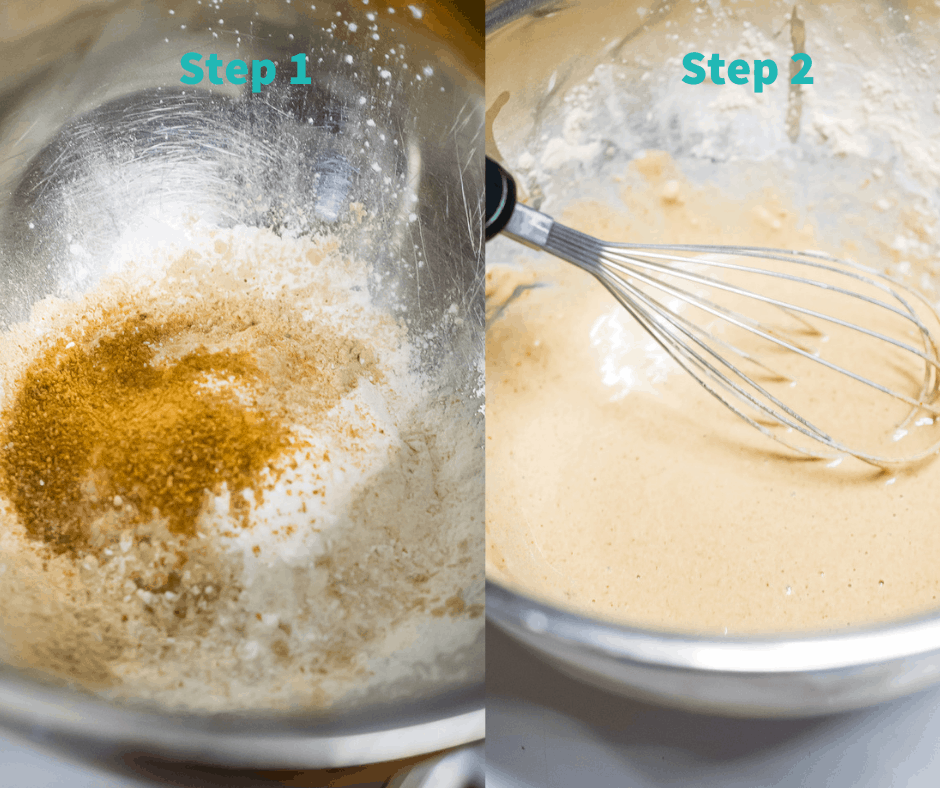 step 1 and 2 process shots of paleo waffles 
1-mixing dry ingredients in bowl
2- batter smooth with whisk in bowl