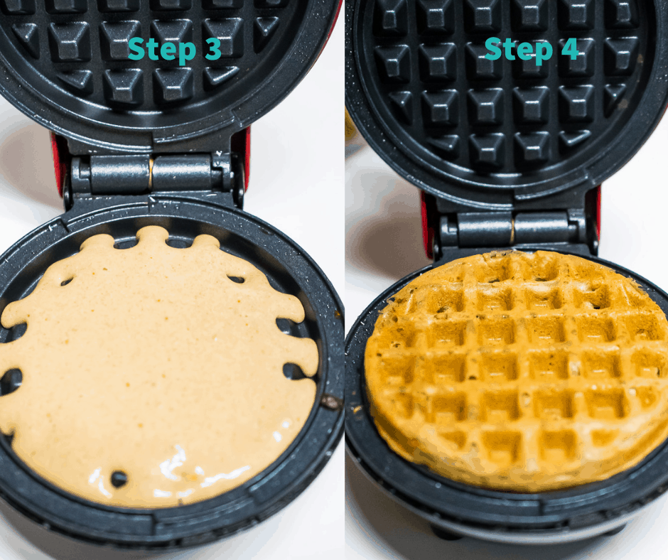 step by step paleo waffles 
step 3- batter laid into waffle maker 
step 4- crispy waffle ready to come out of the waffle maker