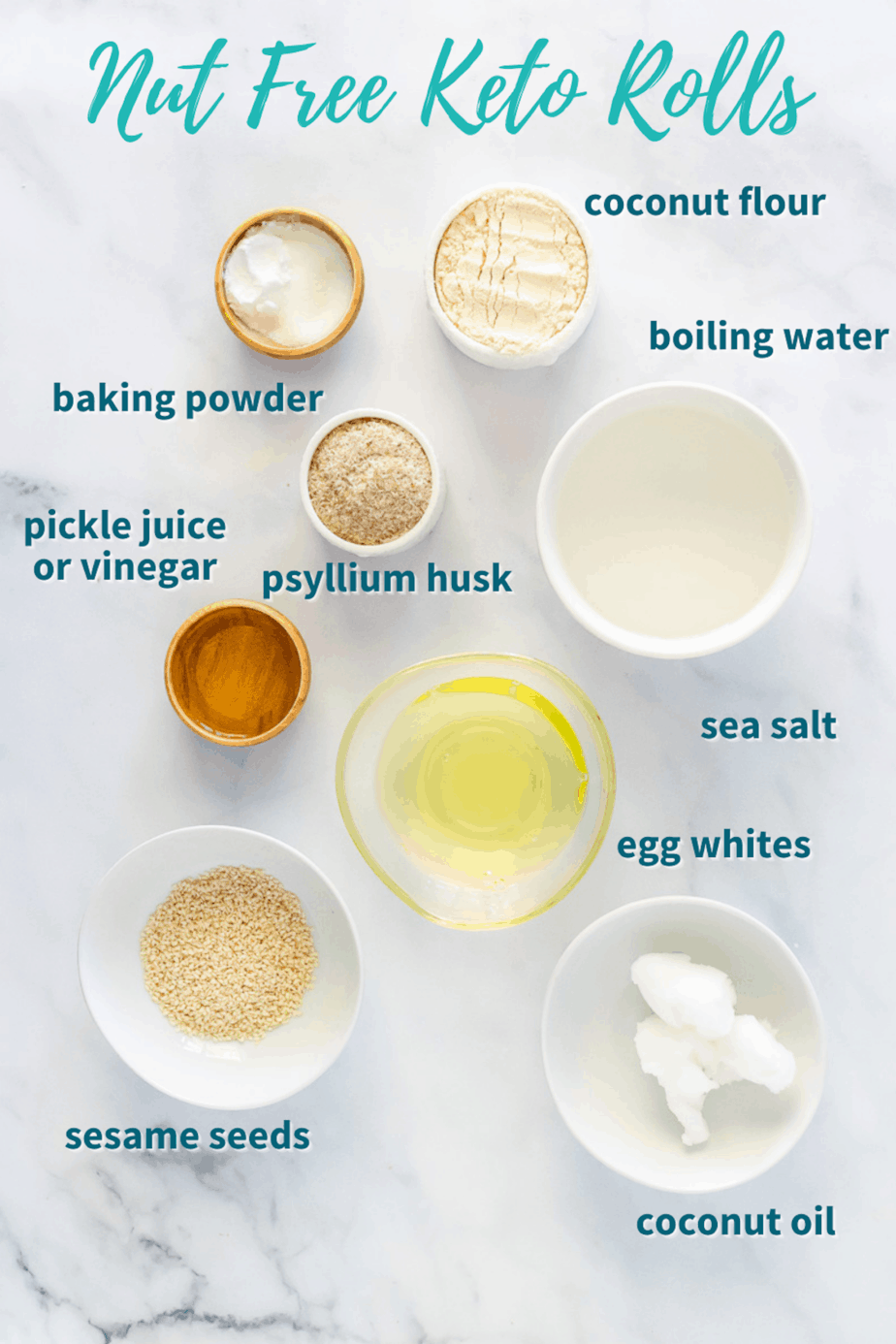 Ingredients for Nut Free Keto Rolls- coconut flour, boiling water, baking powder, pickle juice or vinegar, psyllium husk, sea salt, egg whites, sesame seeds, coconut oil