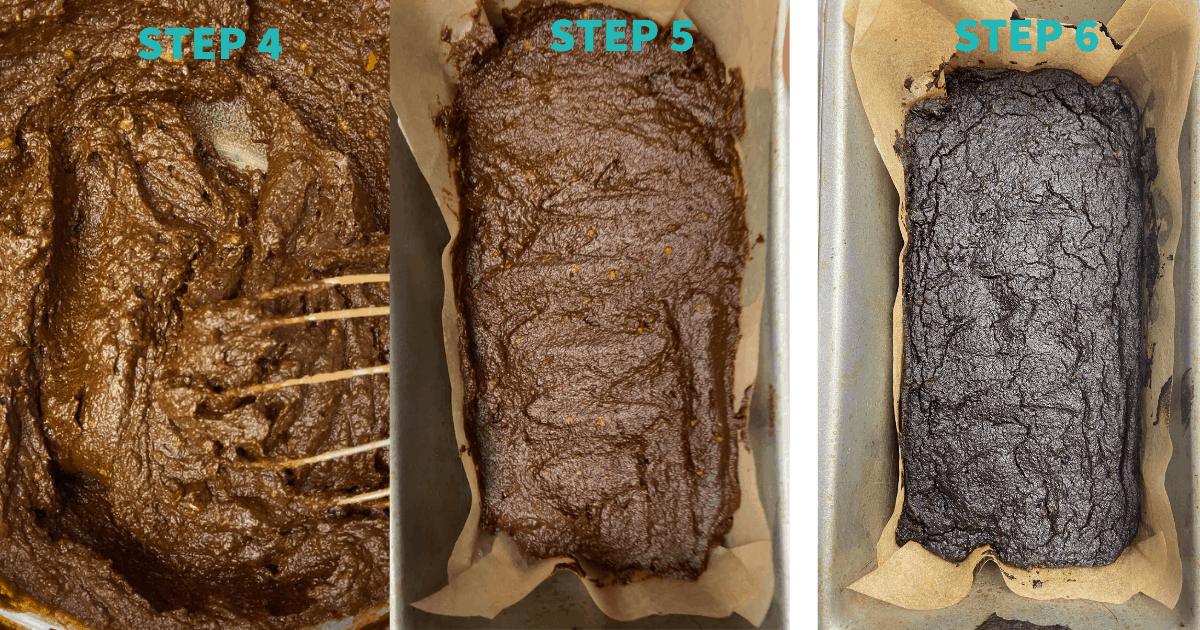 steps 4-6 of baking aip brownies - process shots of batter in bowl, batter in baking tray, and cooked brownies