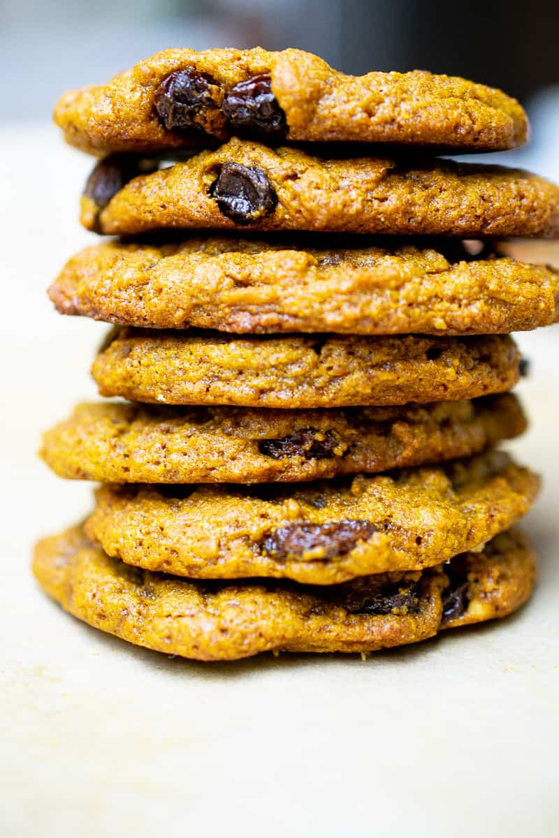 close up of a stack of 7 egg free oatmeal raisin cookies