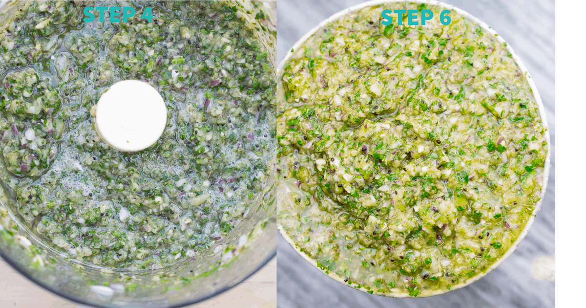 aip salsa verde step 4 and 5 process shots- step 4; salsa finished in food processor, step 5; salsa served in bowl