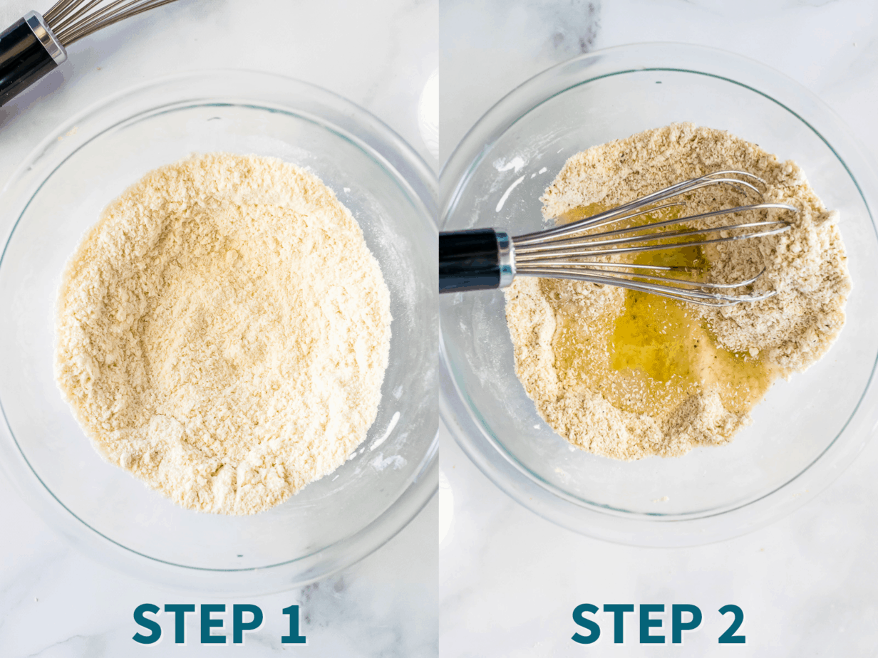 Step by step instructions for Nut Free Keto Rolls- step 1: dry ingredients in bowl step 2: egg whites and pickle juice whisked into dry ingredients