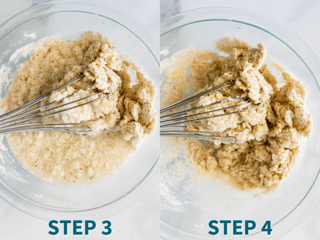 Step by step instructions for Nut Free Keto Rolls- step 3; boiling water added to bowl step 4; chunky dough begins to form 