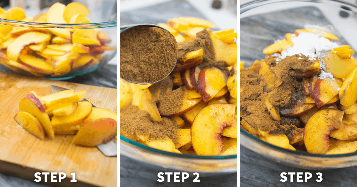 step 1-3 of Aip peach cobbler 
1. peaches are chopped up on cutting board
2. peaches are in a bowl with cinnamon, sugar, and arrowroot starch
3. peaches are tossed in bowl 
