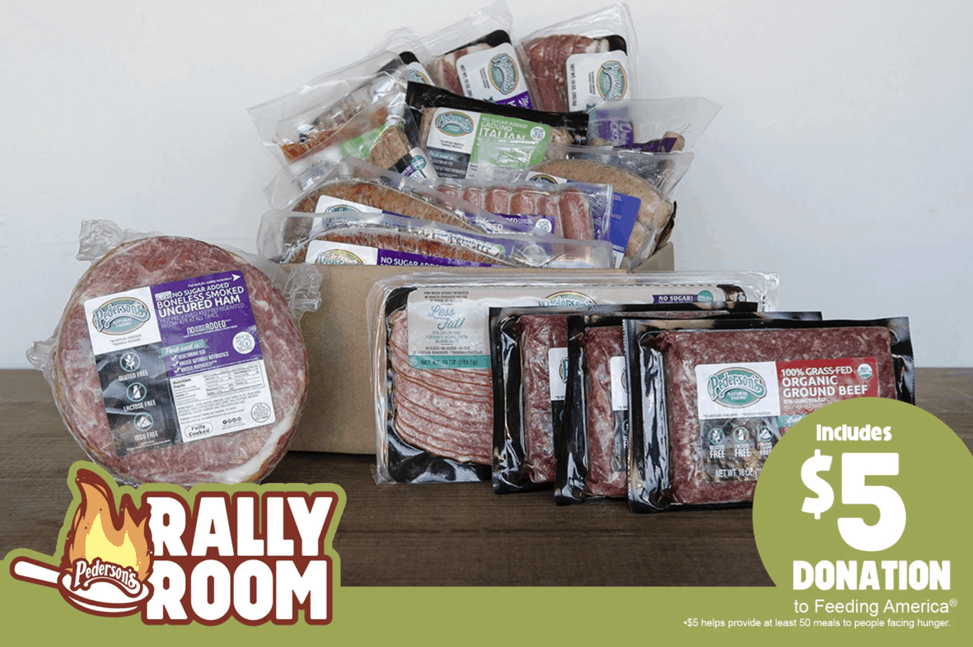 display of the sugar free meal prep bundle from Pederson's. three packages of round beef, one boneless smoked uncured ham, bacon, sausages, and more. includes a $5 donation to feeding america.