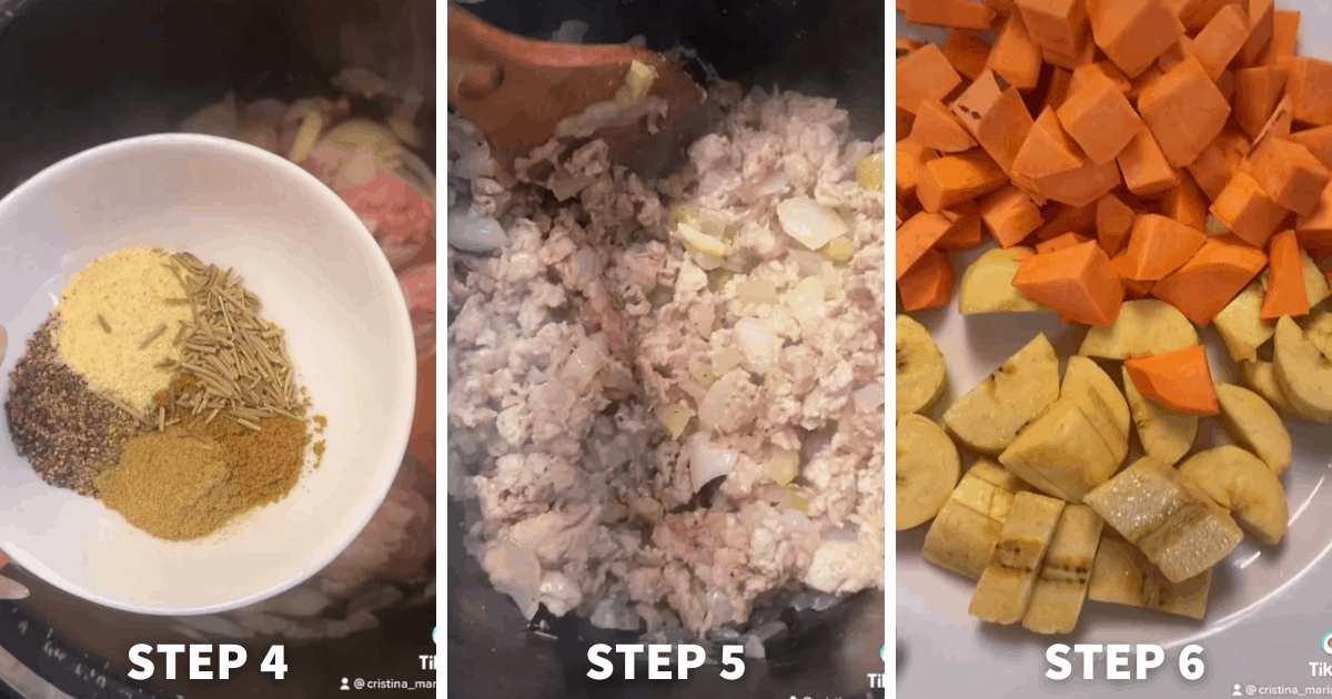 steps 4-6 of turkey and garbanzo soup
4. bowl of salt and seasoning
5. pan with browned turkey mixed in well with seasoning
6.plate with chopped plantain and sweet potato