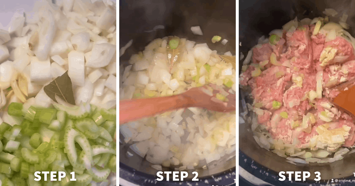 step 1-3 of making turkey and garbanzo soup
1. close up of chopped celery and onion 
2. onion and celery in hot pan 
3. ground turkey beginning to mix in with onion, celery, garlic and bay leaves in pan