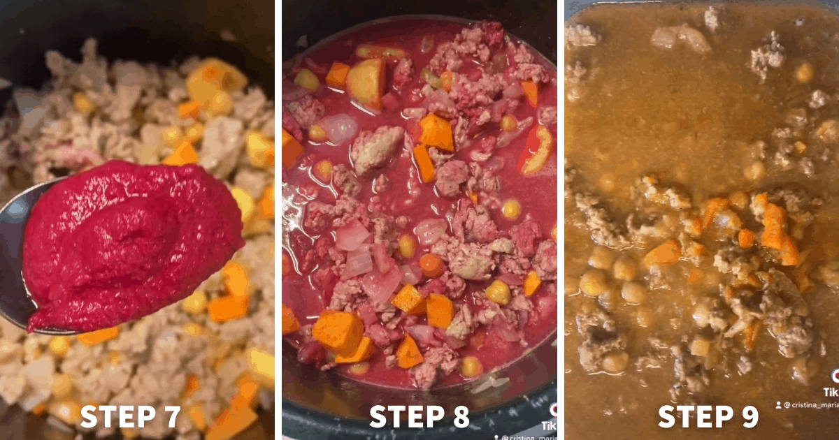 steps 7-9 or turkey and garbanzo soup
7. close up of beet "tomato" sauce in a spoon over pot 
8. pot with vegetables, turkey, garbanzo and tomato sauce + bone broth 
9. close up of finished soup