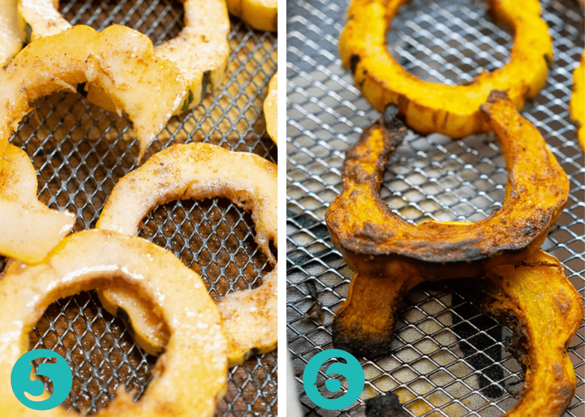 delicata squash on an air fryer basket before cooking then after when it's turned into chips 