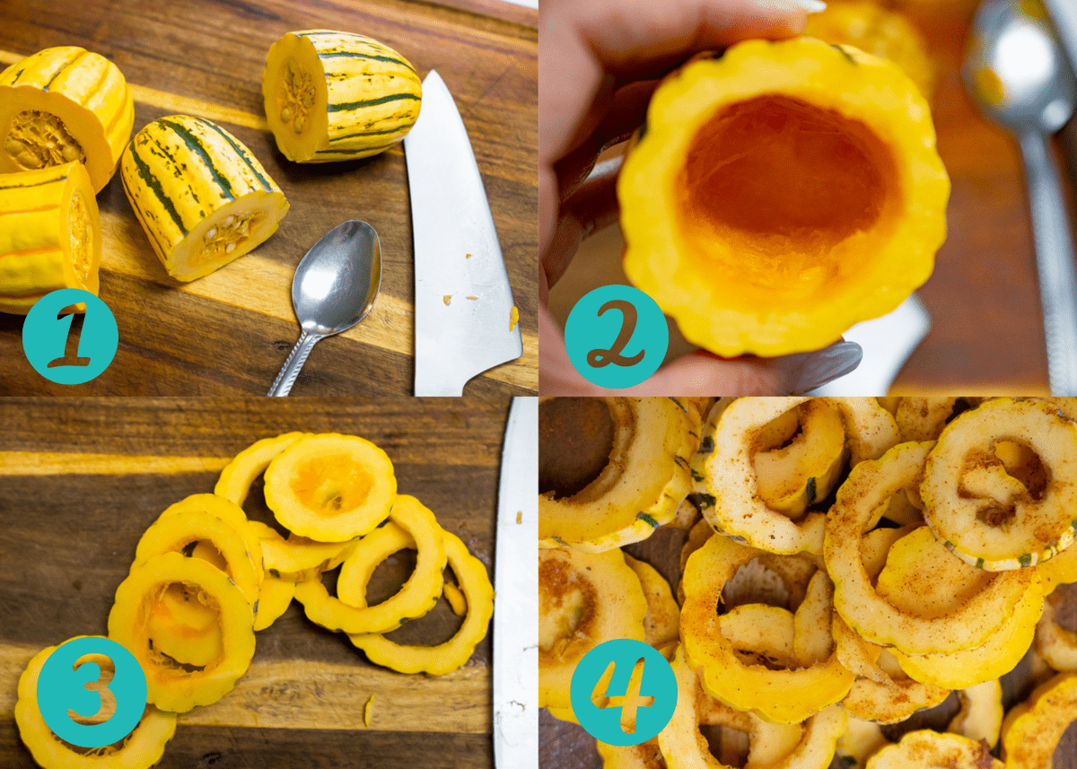 steps 1-4 of making delicata squash air fryer chips, seeding, slicing and seaosoning. 