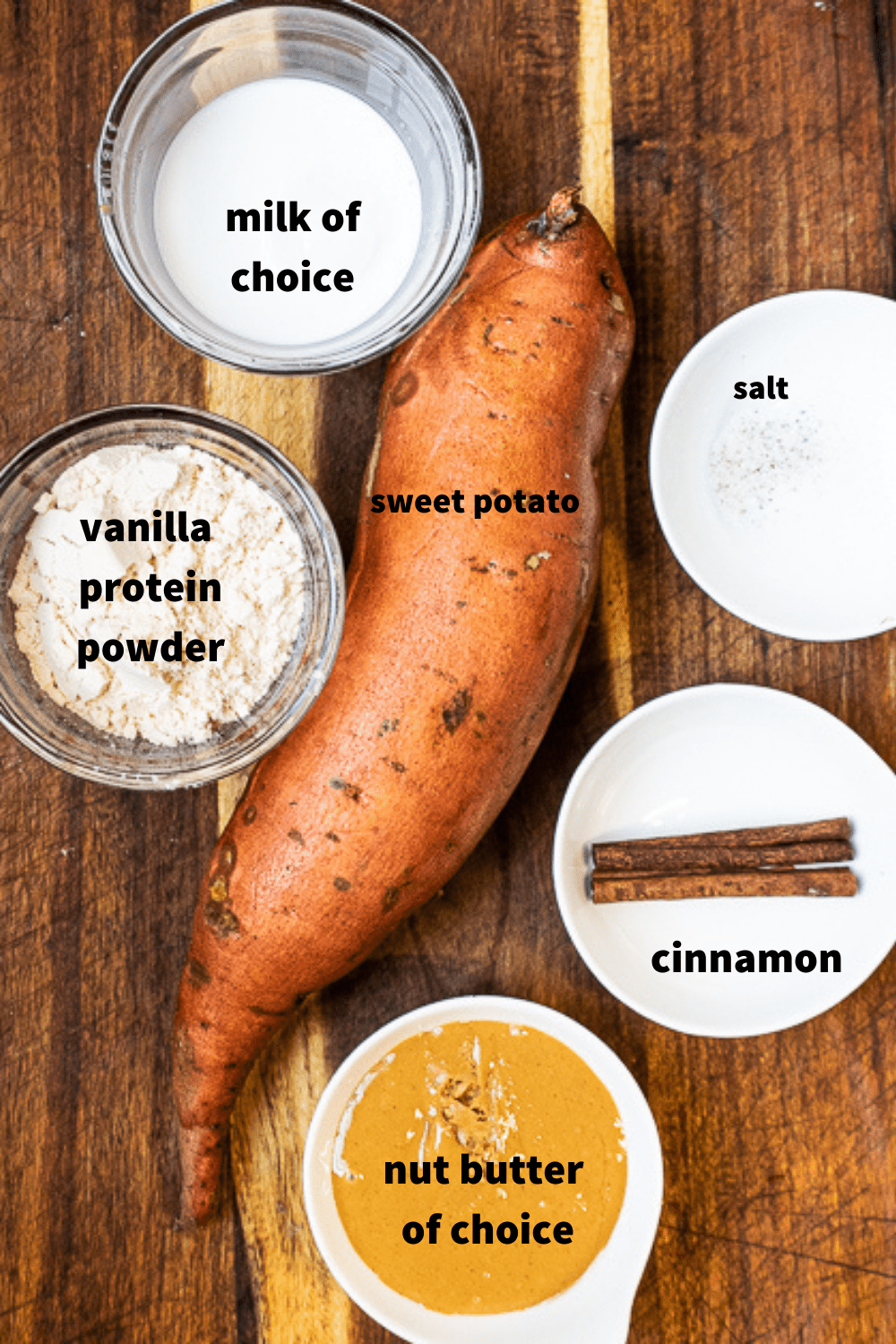 sweet potato porridge ingredients on a wooden cutting board 