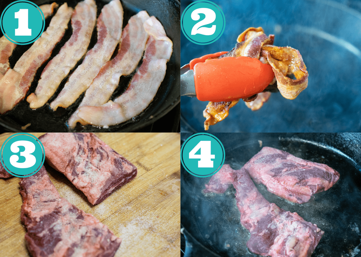 steps 1-4 of delicata squash steak nachos
1- bacon on pan 
2- crispy bacon being taken out of pan 
3- steak scored on cutting board
4- steak sizzling in pan 