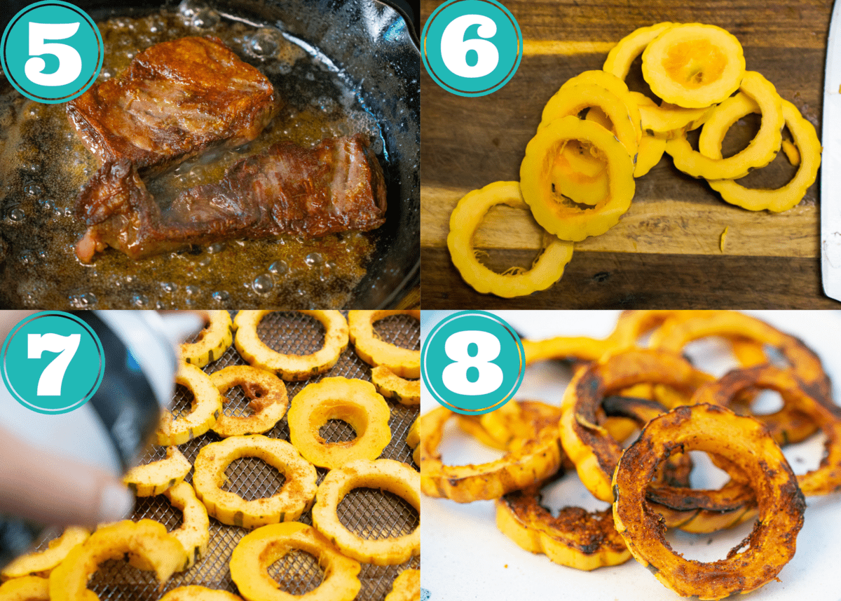 steps 5-8 of delicata squash steak nachos
5- steak finished in pan 
6- chopped up rounds of delicata on cutting board 
7- rounds of squash laid out on pan in one layer, can of coconut nut oil spray in the corner 
8- finished crispy rounds of delicata squash 