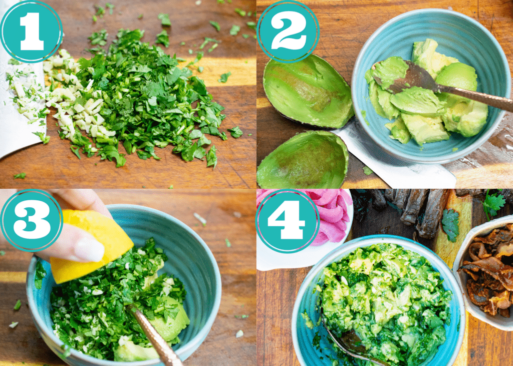 steps 1-4 of making guac for delicata squash steak nacho garnish
1- minced garlic and cilantro
2- avocado scooped into a blue bowl with a spoon 
3-lemon being squeezed over bowl with avocado, cilantro, and garlic 
4- finished guac with all elements mixed up in bowl- th background you see sliced steak, crispy bacon in a bowl, and pickled red onions in a bowl 