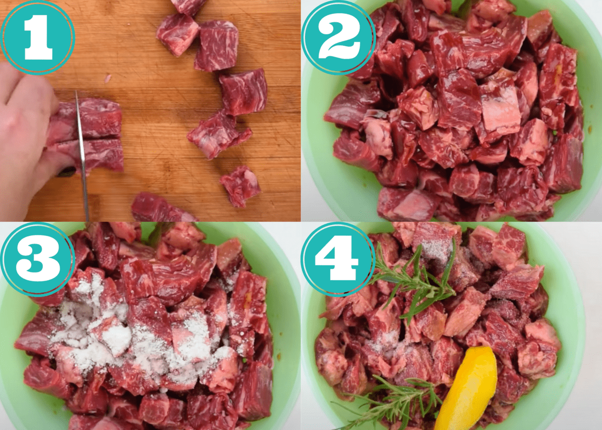 steps 1-4 of beef and broccoli: cubing and seasoning the skirt steak