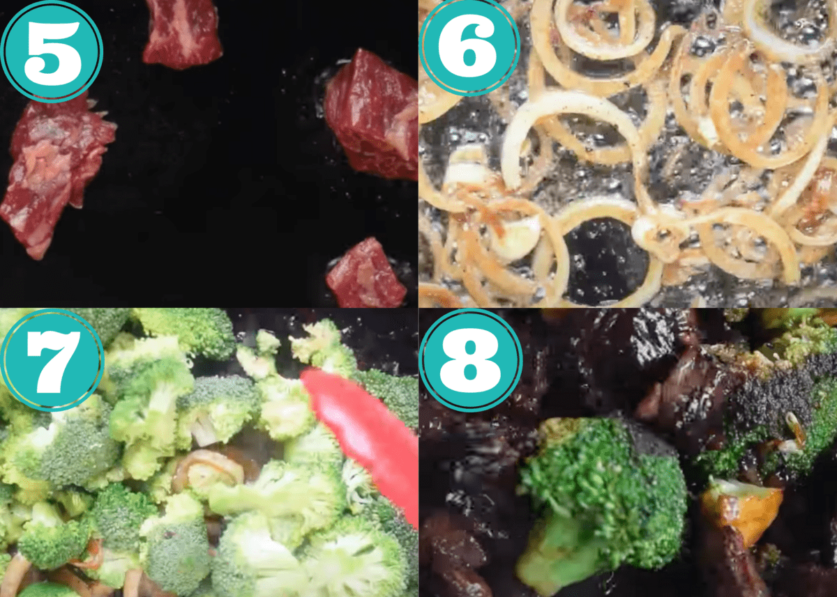 steps 5-8 of aip beef and broccoli- cooking steak, onions, and broccoli
