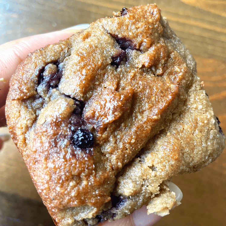 golden toasted blueberry bread roll being held between two fingers