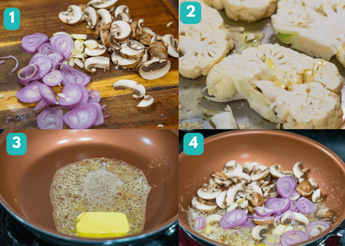 chop vegetables, slice cauliflower, melt butter, saute vegetables