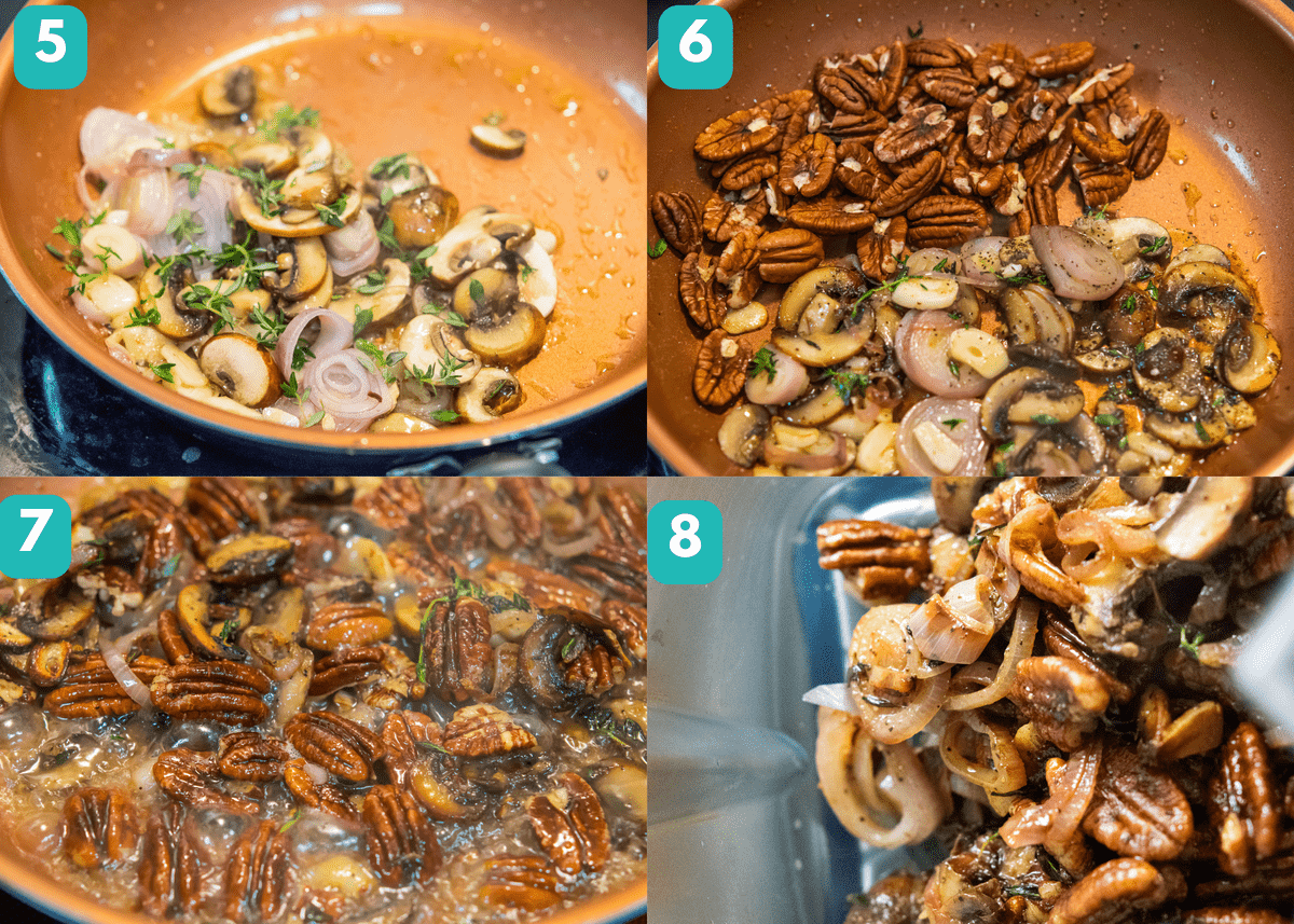 sautee mushrooms, add in pecans, deglaze with wine