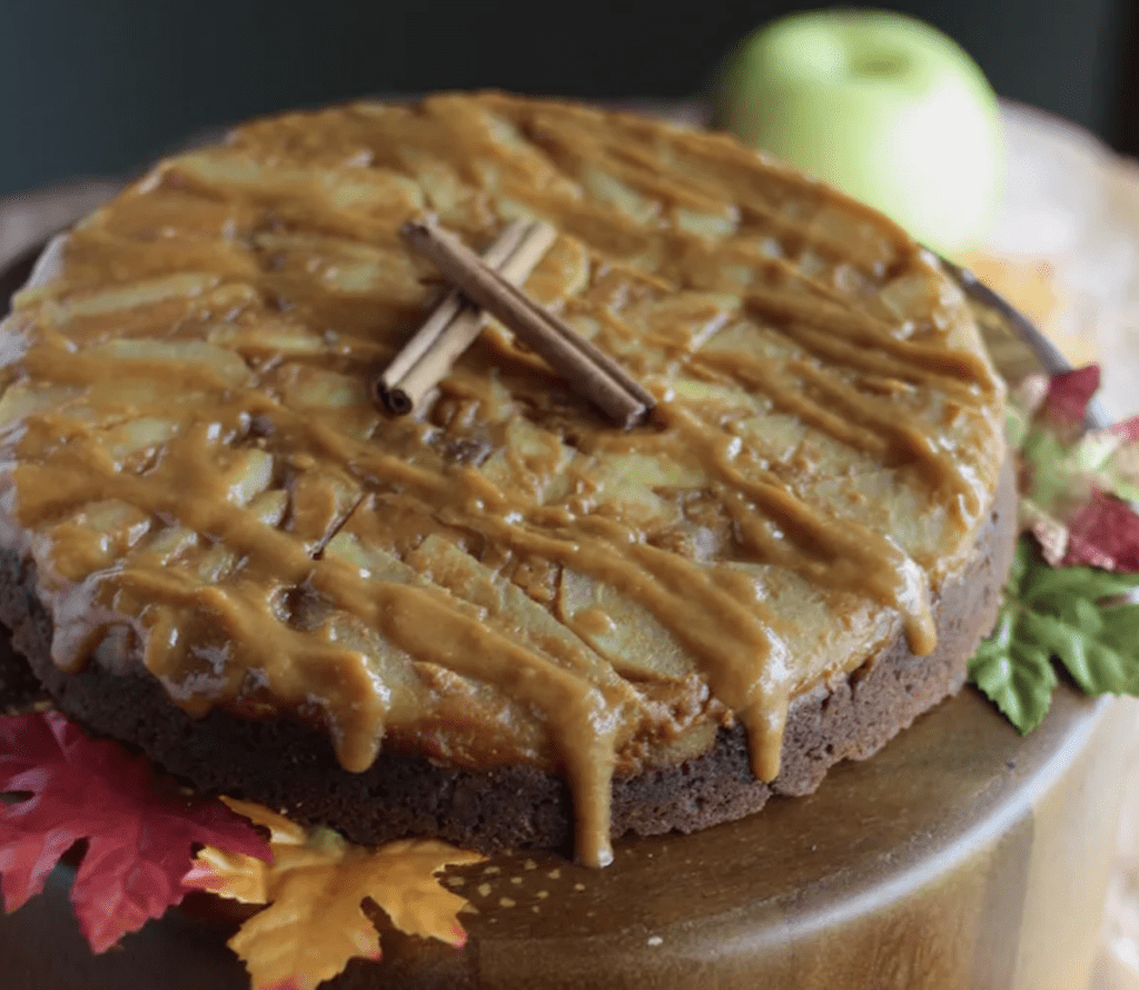 aip apple caramel cake on a wooden tray