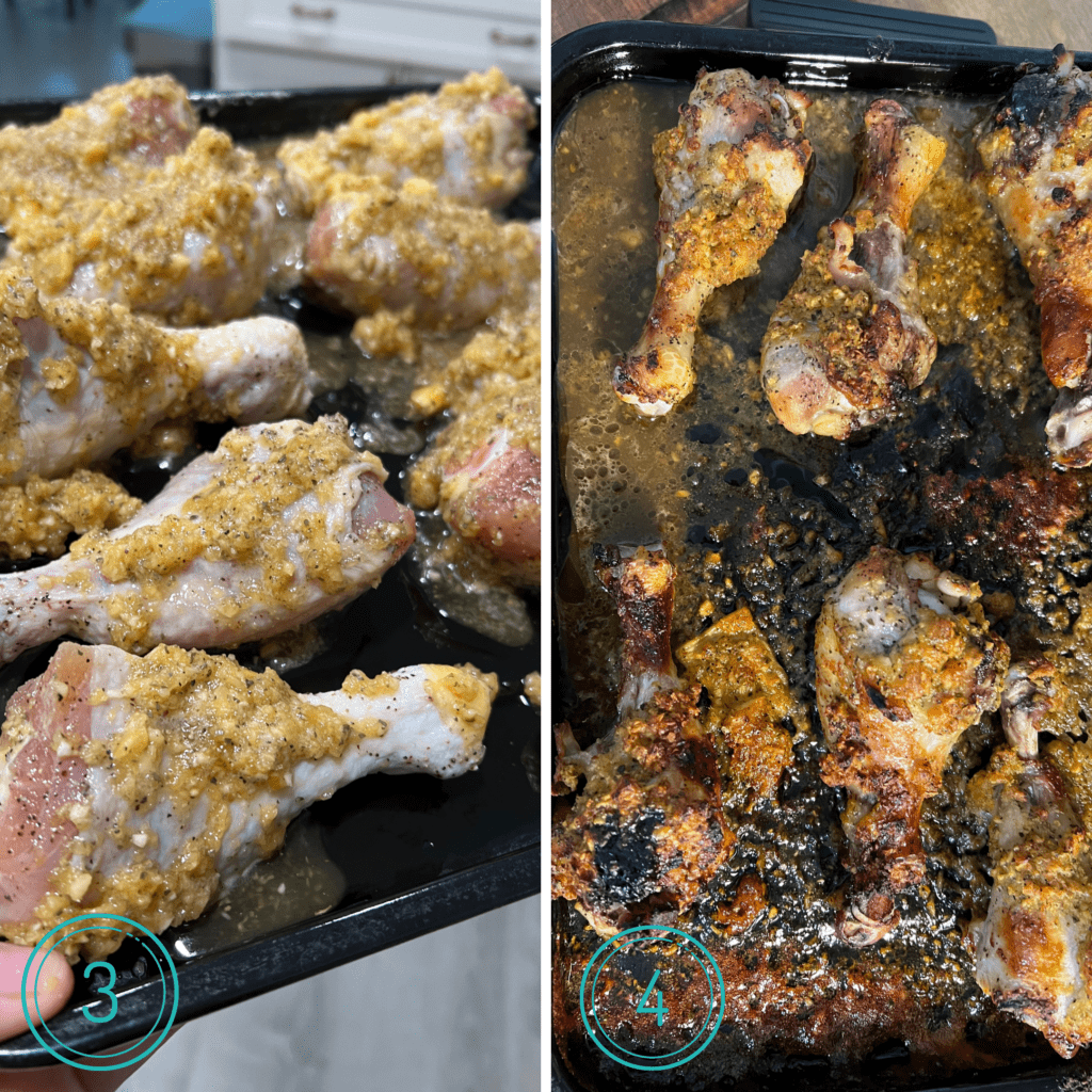 paleo huli huli chicken drumsticks on a sheet pan before and after baking
