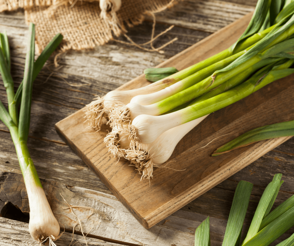 green garlic on a wooden board with more talks laying around the table 