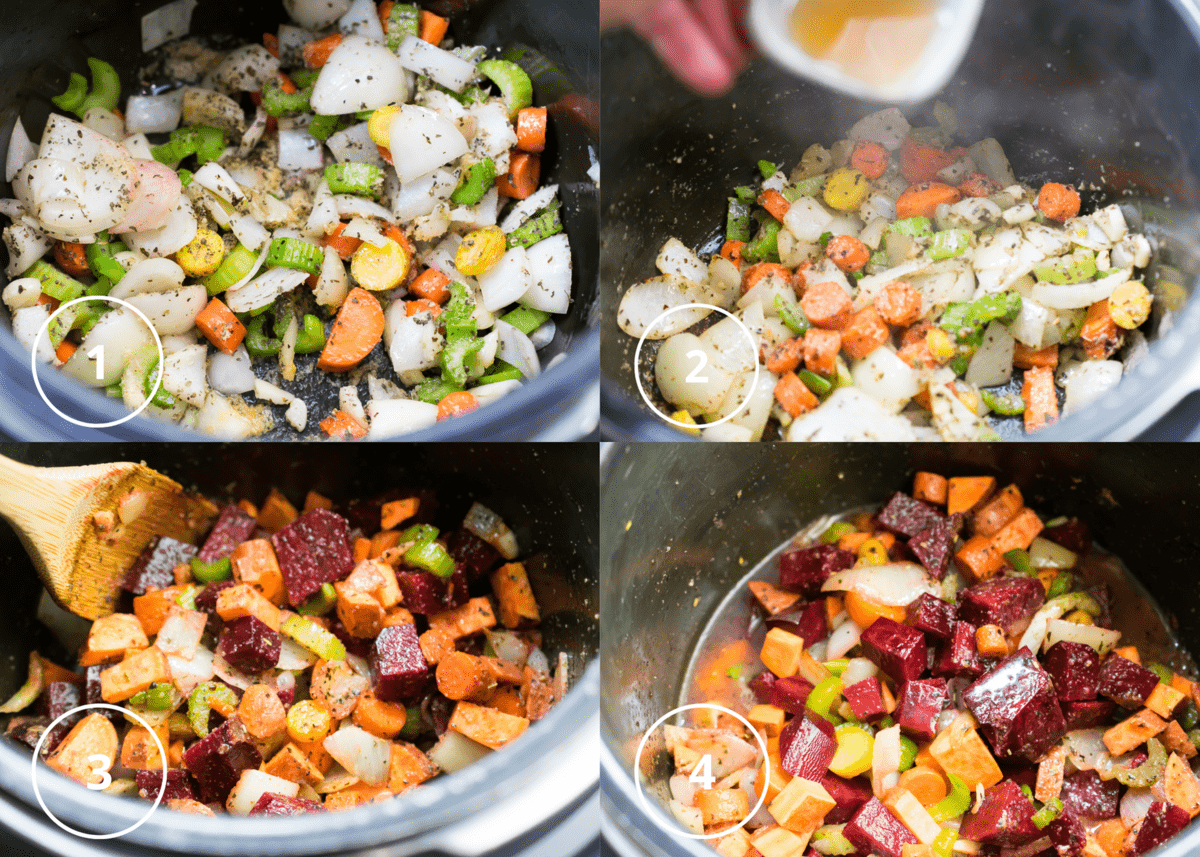 chopped veggies for nomato sauce in a pressure cooker being cooked and blended for AIP marinara