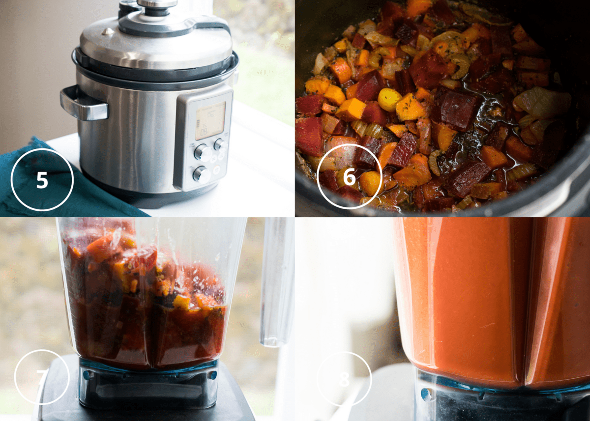 pressure cooking vegetables with broth then blending to reveal perfectly red nomato sauce