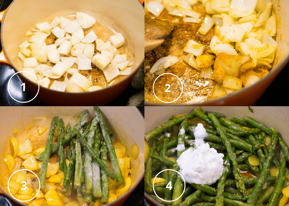 diced onion in the pot cooking with olive oil, then with the seasonings, next add in asparagus and lastly the cream