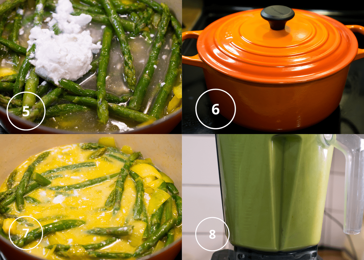 keep cooking whole30 asparagus soup by adding in bone broth and covering, simmer for a while, then open and when well combined and tender, blend until smooth. 