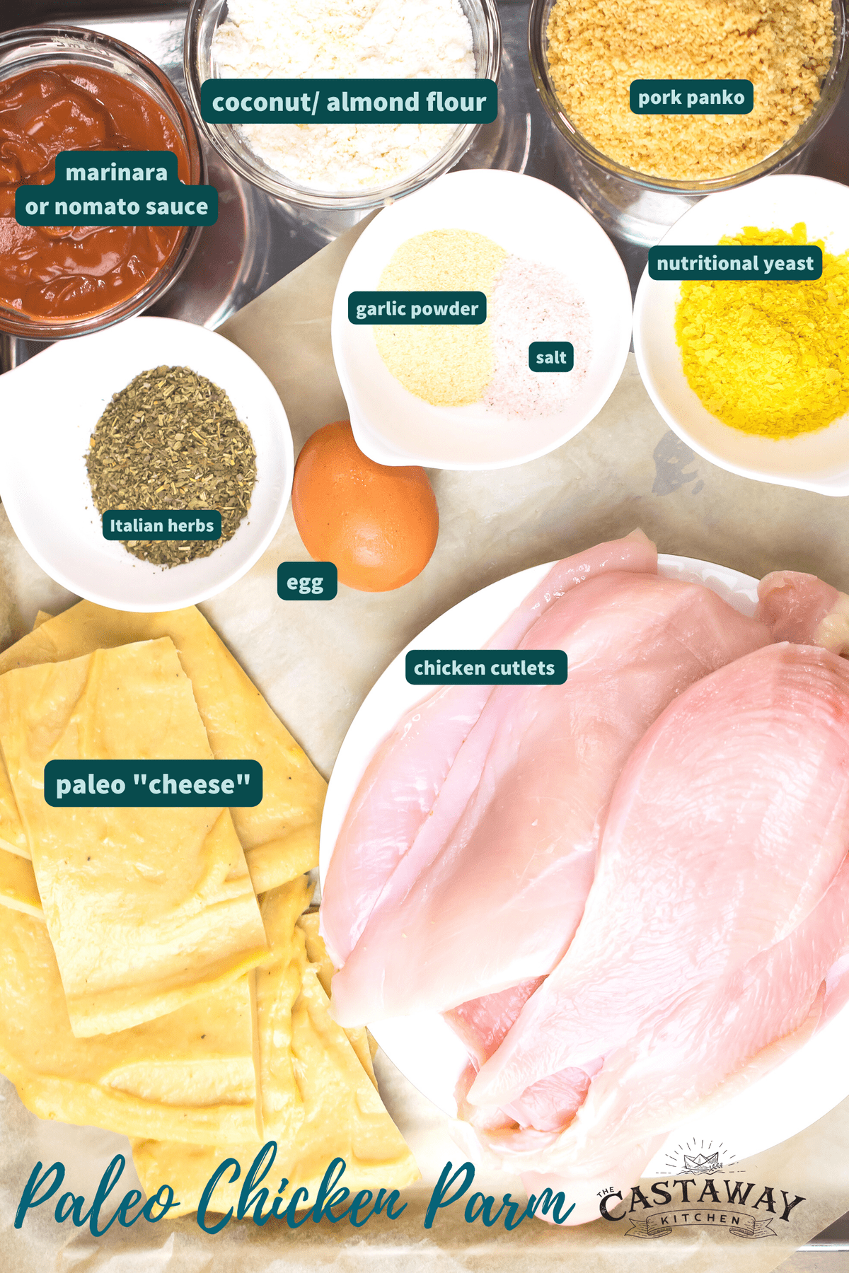 paleo chicken parmesan ingredients on a counter, labeled 