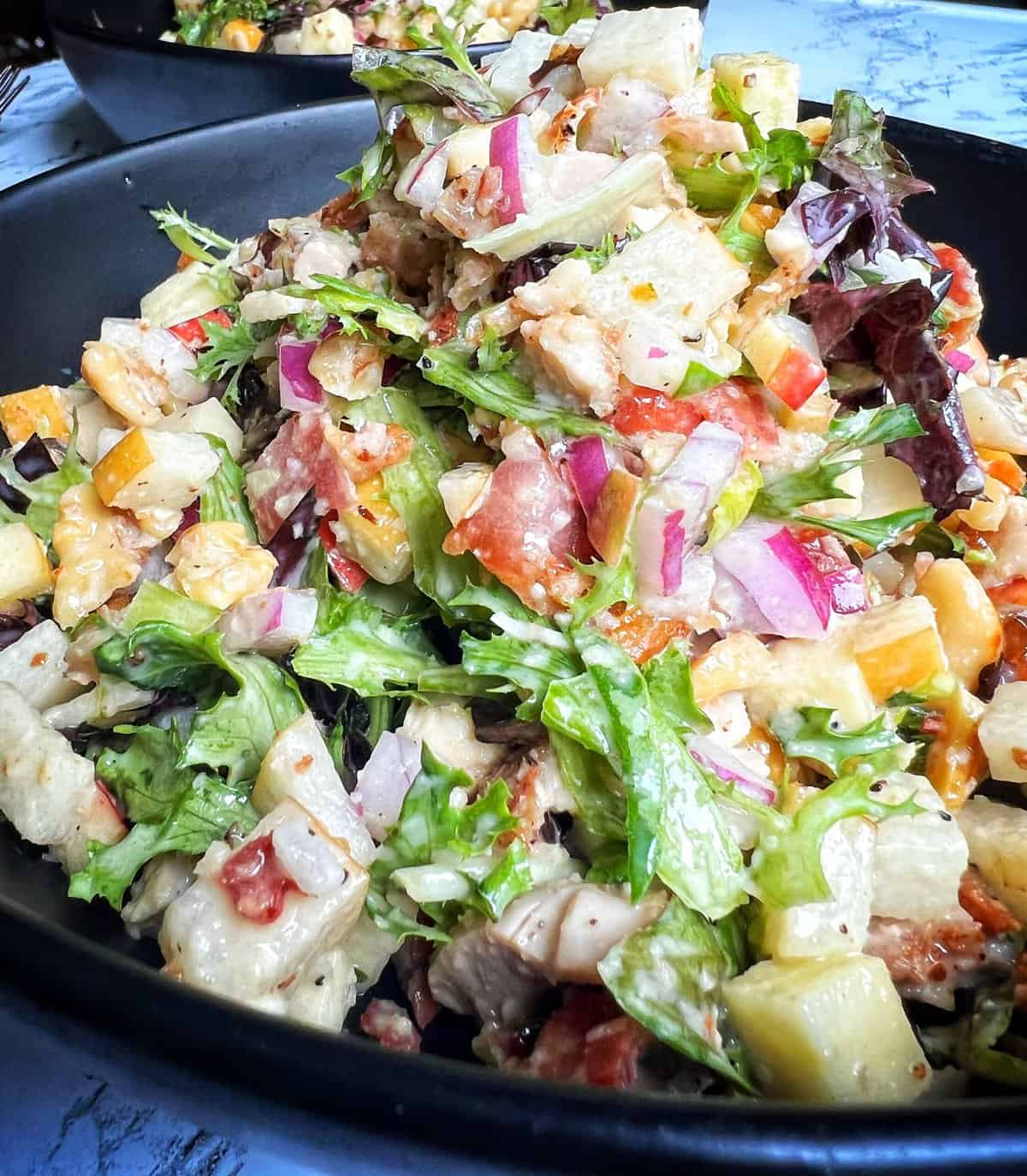 close up of chopped chicken and apple salad in a black bowl