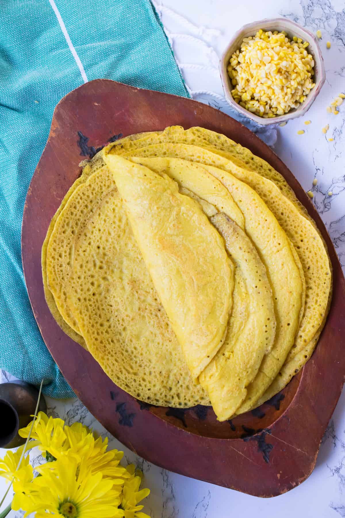 moong dal chilla folded over on tray