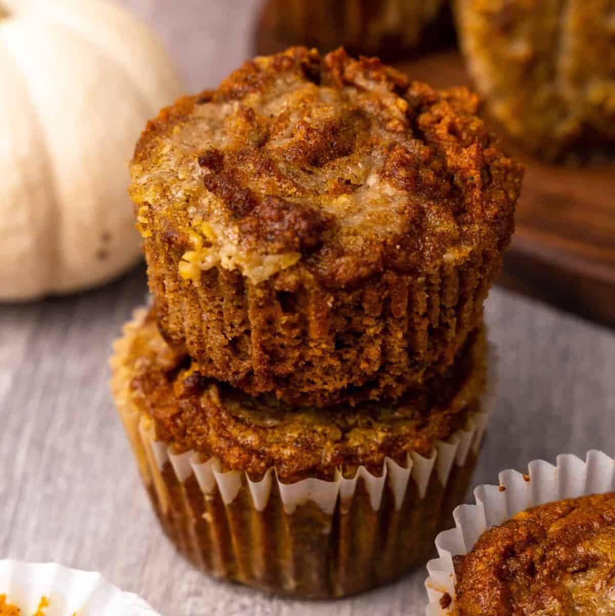 two stacked nut free pumpkin muffins