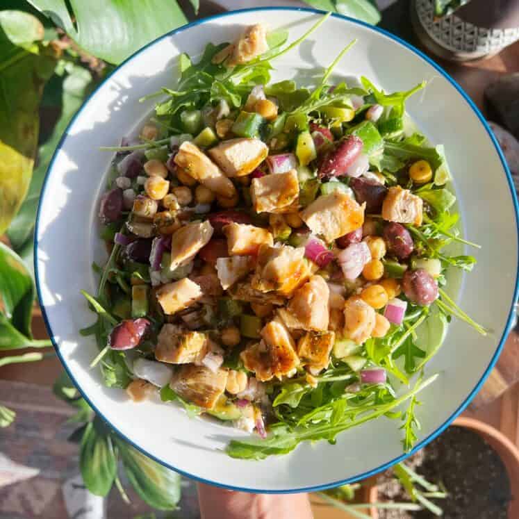 a plate of greek salad by a window and plants with honey balsamic vinaigrette