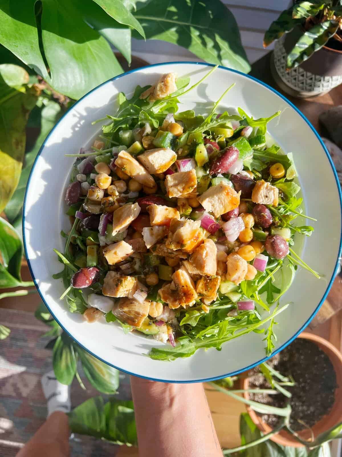 a plate of greek salad by a window and plants with honey balsamic vinaigrette