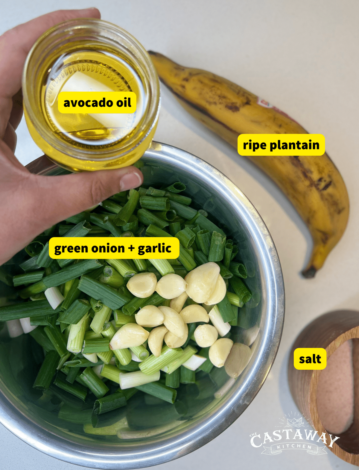 green onion sauce with plantain ingredients on counter 