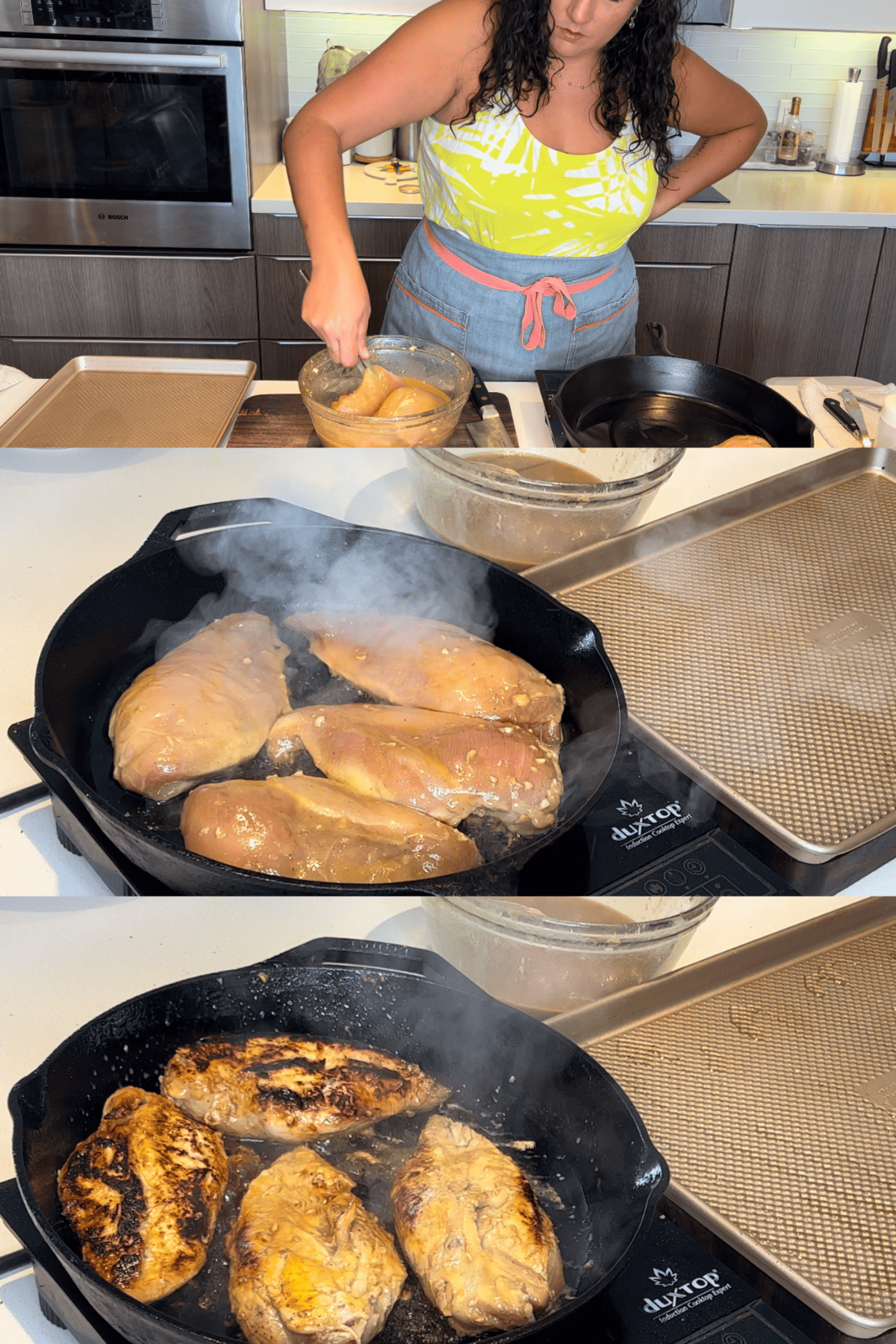 woman cooking garlic honey mustard marinated chicken in her kitchen step by step