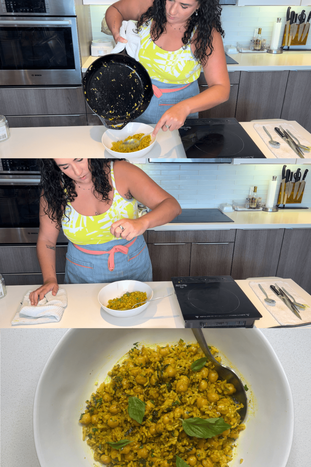 woman cooking chickpea and rice pilaf in white kitchen step by step