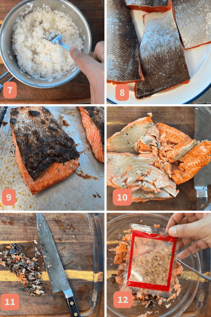 steps 7-12 of crispy salmon skin roll in a. bowl