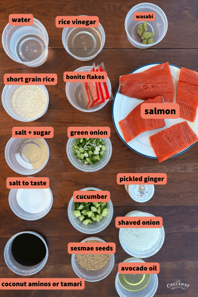 ingredients on a wooden table for crispy salmon skin roll in a bowl