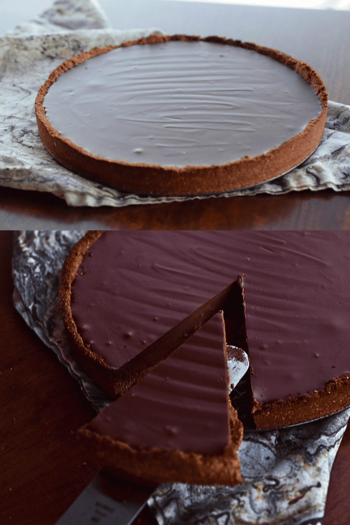 paleo vegan chocolate tart on a table with a cloth